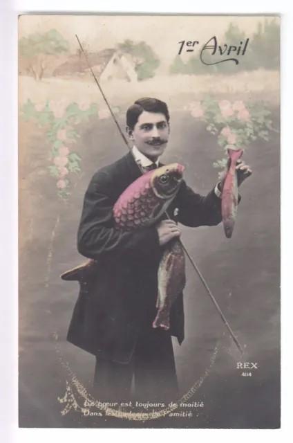 Carte postale ancienne poisson d avril pecheur