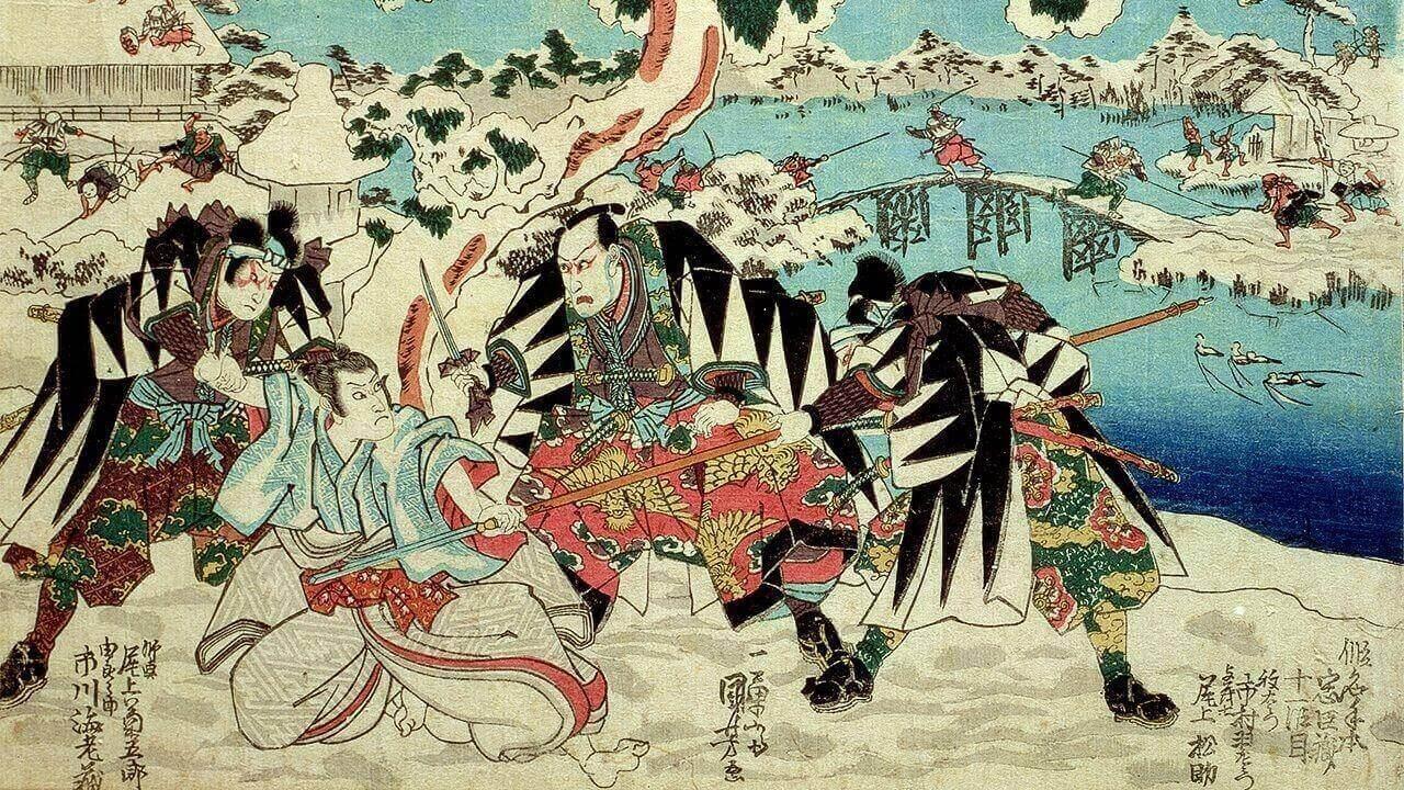 Illustration des 47 ronins maquilles selon les codes du kabuki