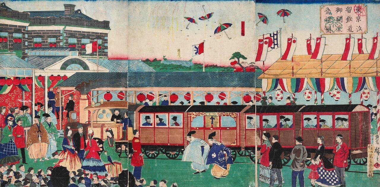 Estampe d'Utagawa Hiroshige représentant le développement industriel japonais au XIXe siècle (1872)