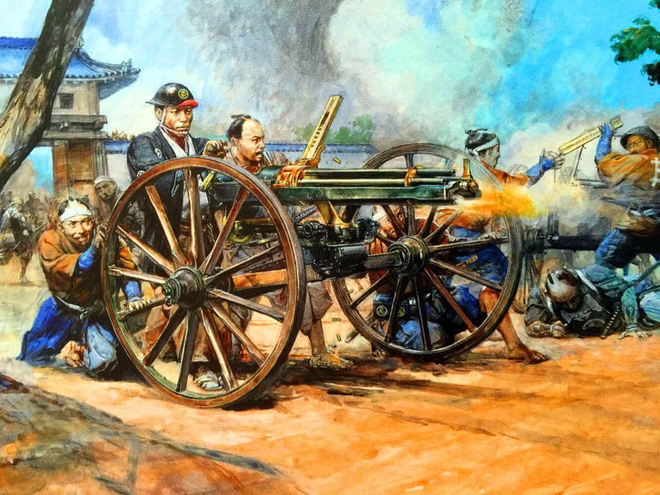 Soldats nagaoka tirant avec un canon gatling durant la guerre de boshin 1